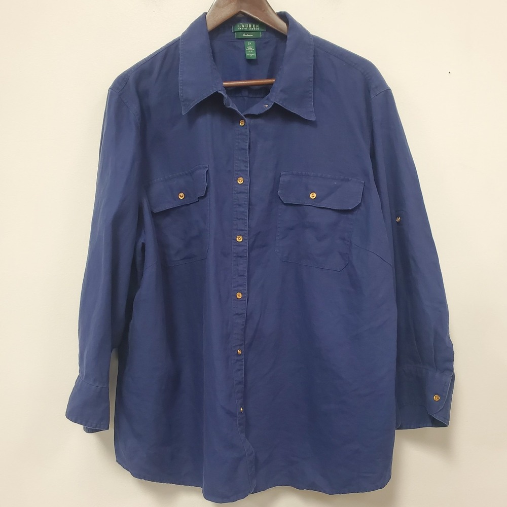 Lauren Ralph Lauren Womens Linen Button Shirt Size 3X Blue Old Money Coastal